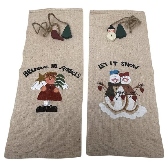 Christmas Wine Bottle Bags Angel and Snowman Cotton Blend Burlap w/ Charm Ties - Picture 2 of 7